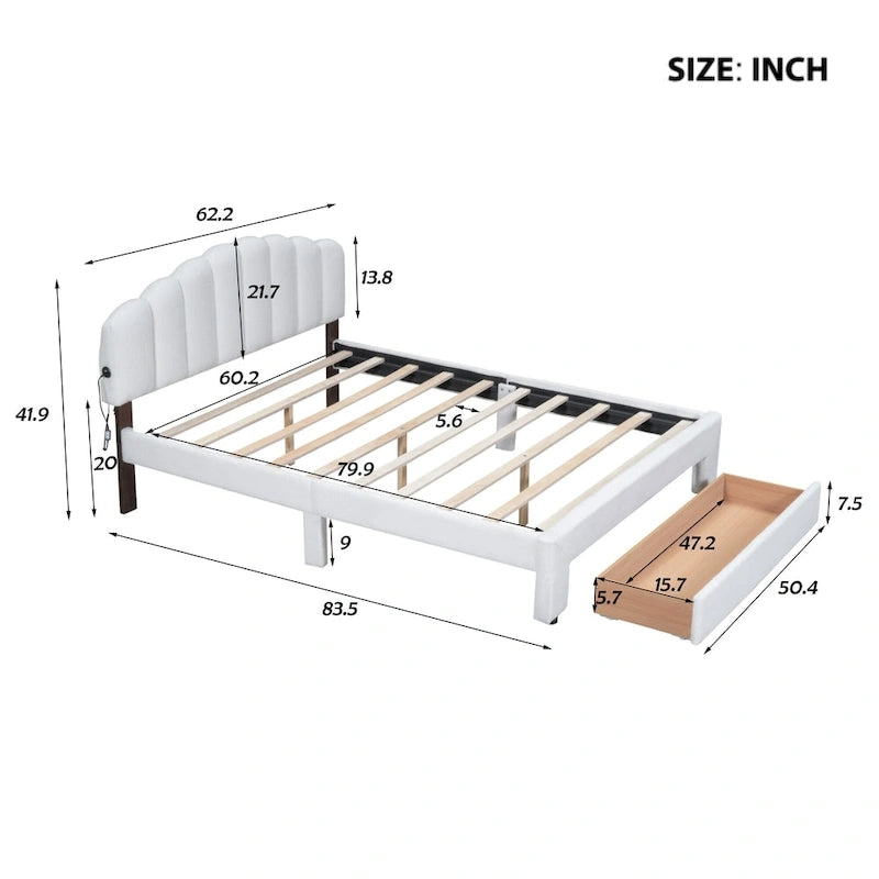 Lit plateforme capitonné Queen Blanc/Beige/Gris avec lumières LED, ports USB et tiroir de rangement – 2 personnes