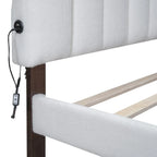 Lit plateforme capitonné Queen Blanc/Beige/Gris avec lumières LED, ports USB et tiroir de rangement – 2 personnes