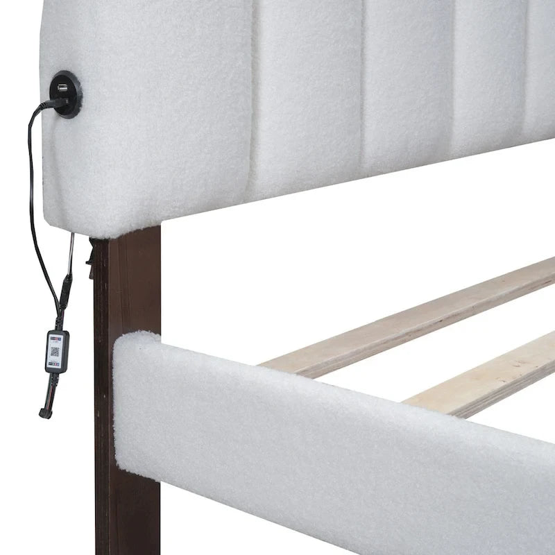 Lit plateforme capitonné Queen Blanc/Beige/Gris avec lumières LED, ports USB et tiroir de rangement – 2 personnes