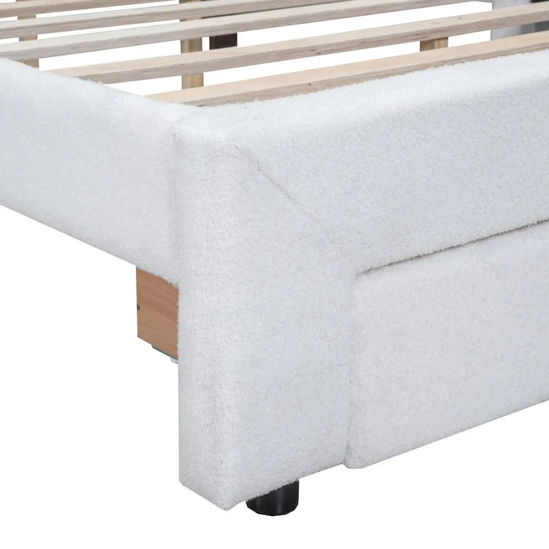 Lit plateforme capitonné Queen Blanc/Beige/Gris avec lumières LED, ports USB et tiroir de rangement – 2 personnes