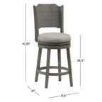 Tabouret de bar pivotant en bois gris vieilli, hauteur bar, avec dossier haut incurvé et assise rembourrée – Sans accoudoirs – 1 personne