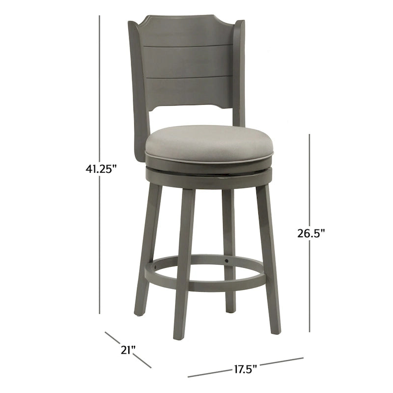 Tabouret de bar pivotant en bois gris vieilli, hauteur bar, avec dossier haut incurvé et assise rembourrée – Sans accoudoirs – 1 personne