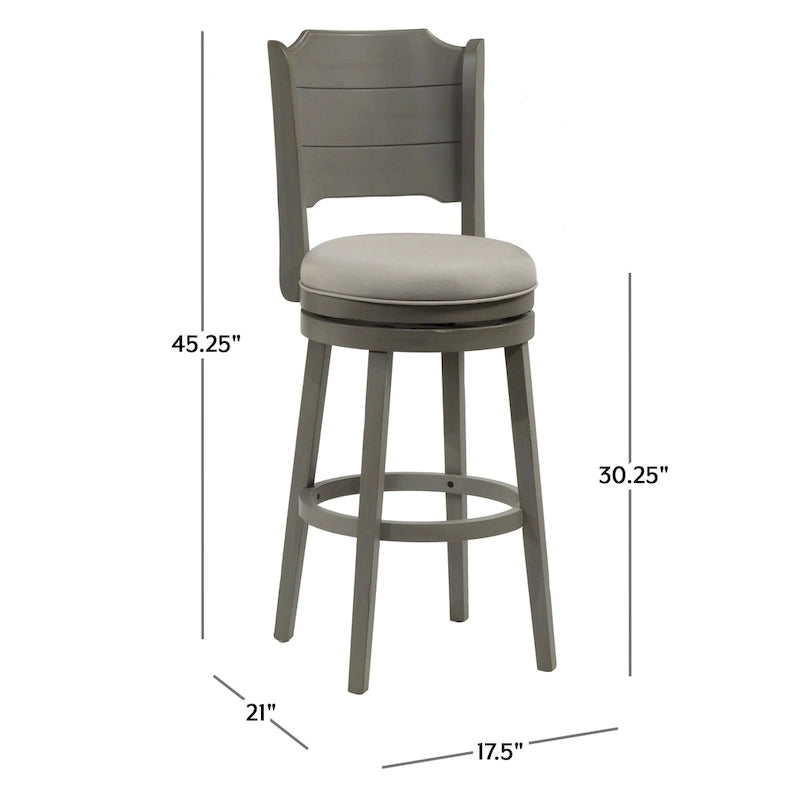 Tabouret de bar pivotant en bois gris vieilli, hauteur bar, avec dossier haut incurvé et assise rembourrée – Sans accoudoirs – 1 personne