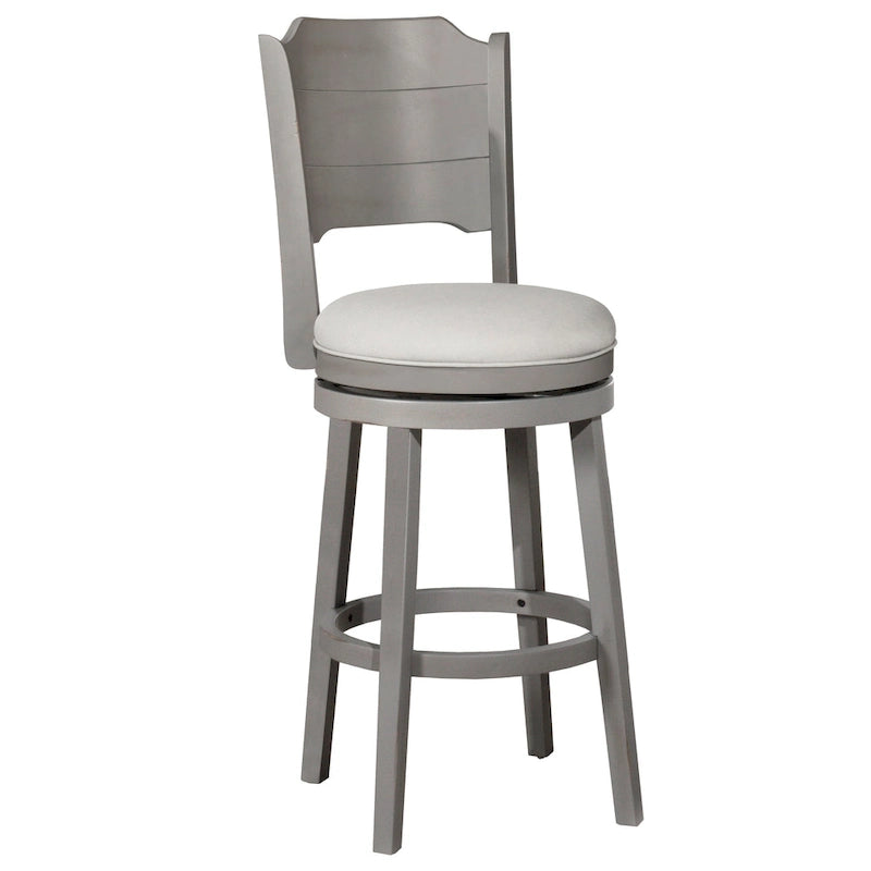 Tabouret de bar pivotant en bois gris vieilli, hauteur bar, avec dossier haut incurvé et assise rembourrée – Sans accoudoirs – 1 personne