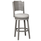 Tabouret de bar pivotant en bois gris vieilli, hauteur bar, avec dossier haut incurvé et assise rembourrée – Sans accoudoirs – 1 personne