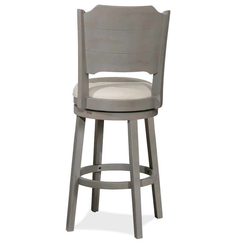 Tabouret de bar pivotant en bois gris vieilli, hauteur bar, avec dossier haut incurvé et assise rembourrée – Sans accoudoirs – 1 personne