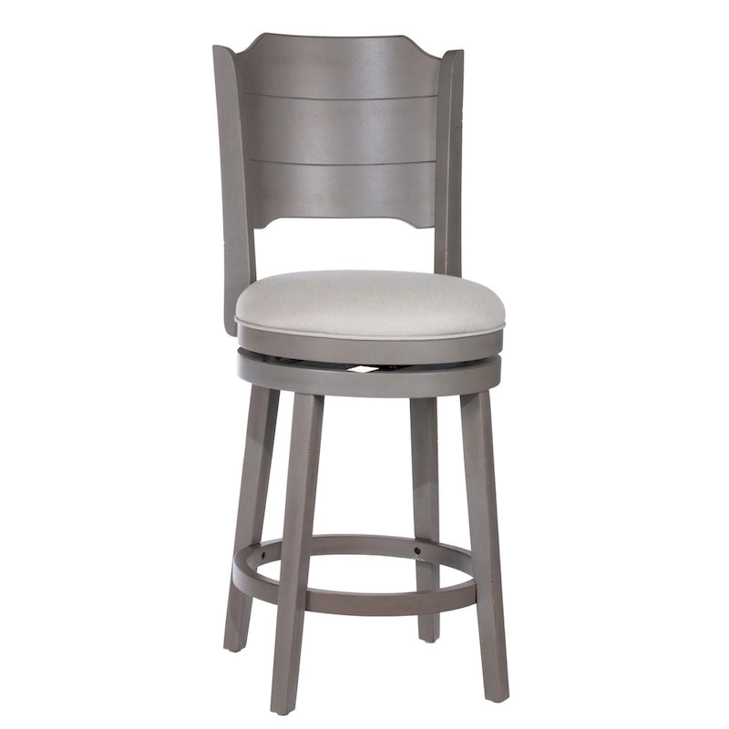Tabouret de bar pivotant en bois gris vieilli, hauteur bar, avec dossier haut incurvé et assise rembourrée – Sans accoudoirs – 1 personne