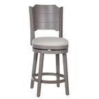 Tabouret de bar pivotant en bois gris vieilli, hauteur bar, avec dossier haut incurvé et assise rembourrée – Sans accoudoirs – 1 personne
