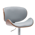 Tabouret de bar pivotant en similicuir gris/noir/blanc avec dossier incurvé en noyer et piétement en chrome réglable – 1 personne