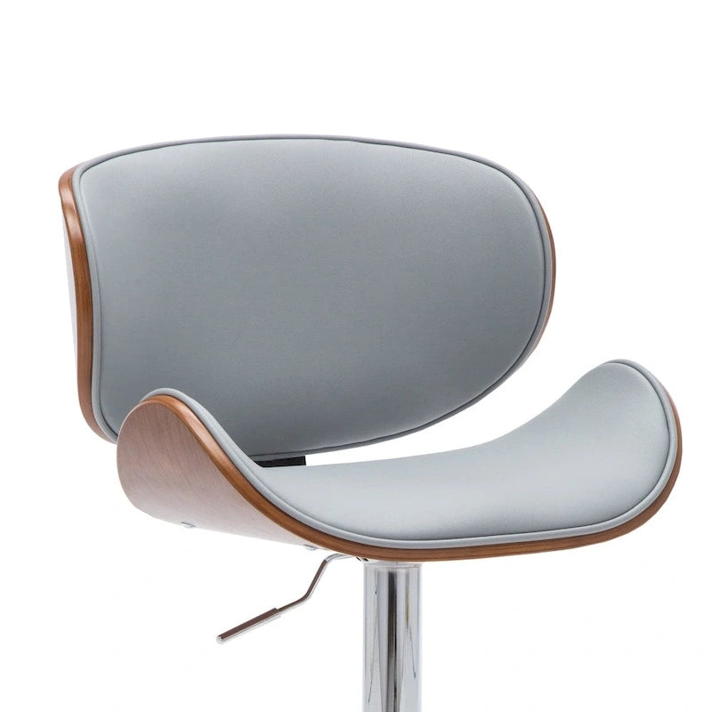 Tabouret de bar pivotant en similicuir gris/noir/blanc avec dossier incurvé en noyer et piétement en chrome réglable – 1 personne