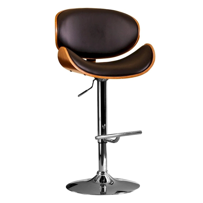 Tabouret de bar pivotant en similicuir gris/noir/blanc avec dossier incurvé en noyer et piétement en chrome réglable – 1 personne