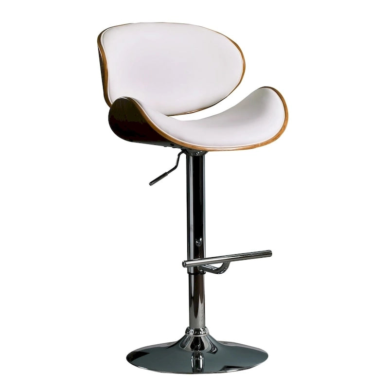 Tabouret de bar pivotant en similicuir gris/noir/blanc avec dossier incurvé en noyer et piétement en chrome réglable – 1 personne