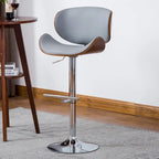 Tabouret de bar pivotant en similicuir gris/noir/blanc avec dossier incurvé en noyer et piétement en chrome réglable – 1 personne