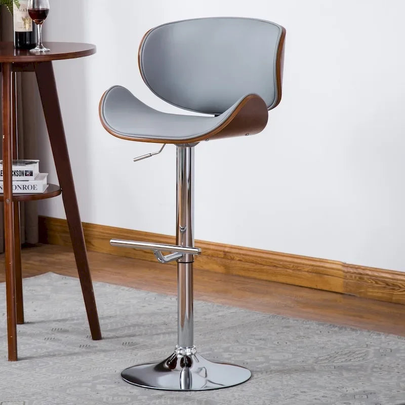 Tabouret de bar pivotant en similicuir gris/noir/blanc avec dossier incurvé en noyer et piétement en chrome réglable – 1 personne