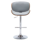 Tabouret de bar pivotant en similicuir gris/noir/blanc avec dossier incurvé en noyer et piétement en chrome réglable – 1 personne