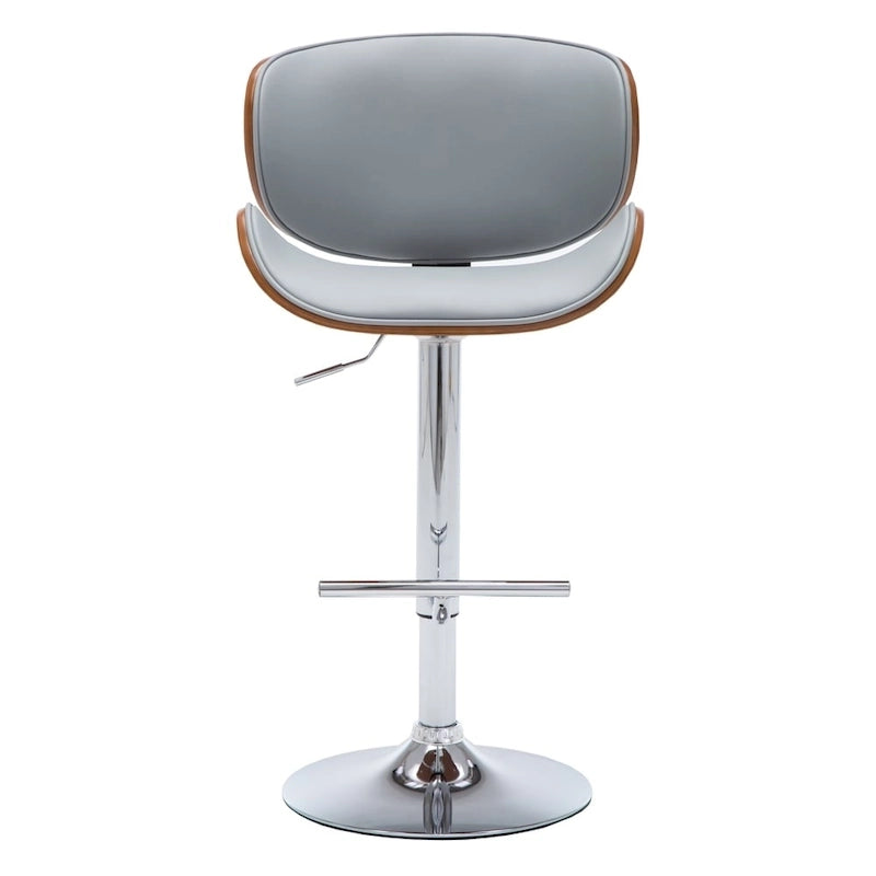 Tabouret de bar pivotant en similicuir gris/noir/blanc avec dossier incurvé en noyer et piétement en chrome réglable – 1 personne