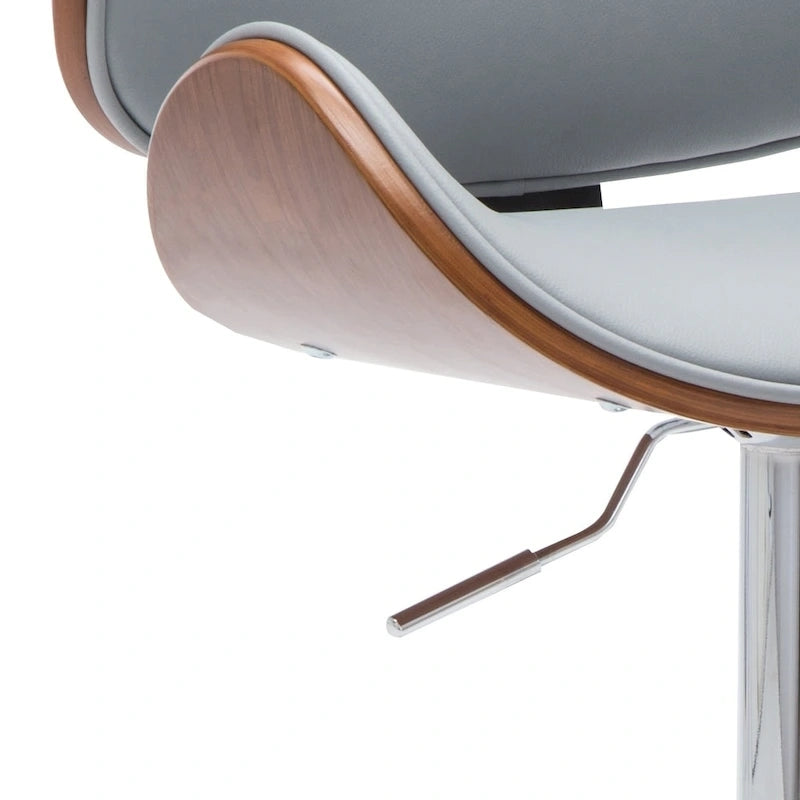 Tabouret de bar pivotant en similicuir gris/noir/blanc avec dossier incurvé en noyer et piétement en chrome réglable – 1 personne