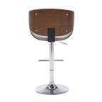 Tabouret de bar pivotant en similicuir gris/noir/blanc avec dossier incurvé en noyer et piétement en chrome réglable – 1 personne