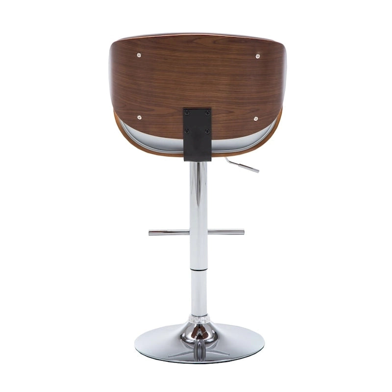 Tabouret de bar pivotant en similicuir gris/noir/blanc avec dossier incurvé en noyer et piétement en chrome réglable – 1 personne