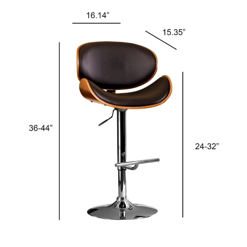 Tabouret de bar pivotant en similicuir gris/noir/blanc avec dossier incurvé en noyer et piétement en chrome réglable – 1 personne