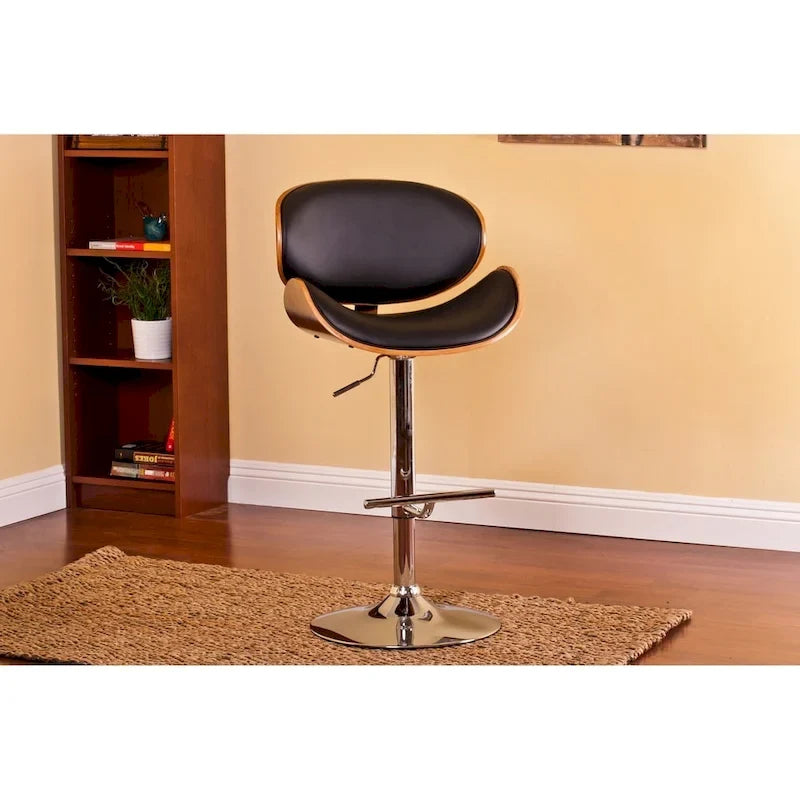 Tabouret de bar pivotant en similicuir gris/noir/blanc avec dossier incurvé en noyer et piétement en chrome réglable – 1 personne