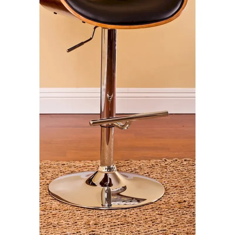 Tabouret de bar pivotant en similicuir gris/noir/blanc avec dossier incurvé en noyer et piétement en chrome réglable – 1 personne