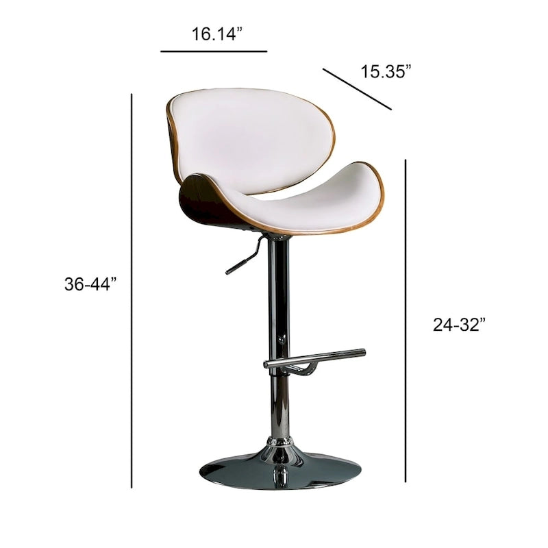 Tabouret de bar pivotant en similicuir gris/noir/blanc avec dossier incurvé en noyer et piétement en chrome réglable – 1 personne