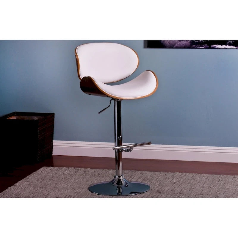 Tabouret de bar pivotant en similicuir gris/noir/blanc avec dossier incurvé en noyer et piétement en chrome réglable – 1 personne