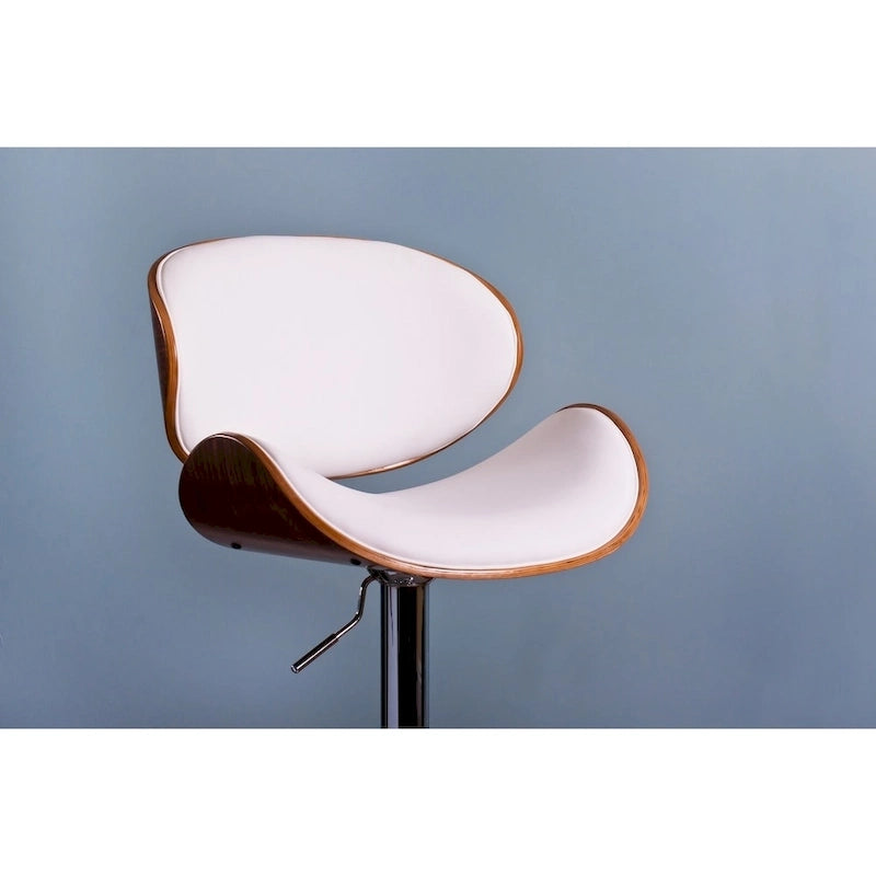 Tabouret de bar pivotant en similicuir gris/noir/blanc avec dossier incurvé en noyer et piétement en chrome réglable – 1 personne
