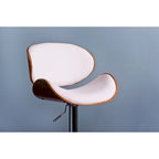 Tabouret de bar pivotant en similicuir gris/noir/blanc avec dossier incurvé en noyer et piétement en chrome réglable – 1 personne