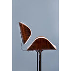 Tabouret de bar pivotant en similicuir gris/noir/blanc avec dossier incurvé en noyer et piétement en chrome réglable – 1 personne