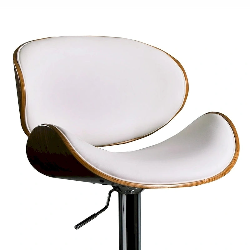 Tabouret de bar pivotant en similicuir gris/noir/blanc avec dossier incurvé en noyer et piétement en chrome réglable – 1 personne