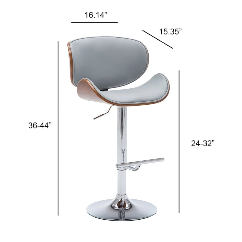 Tabouret de bar pivotant en similicuir gris/noir/blanc avec dossier incurvé en noyer et piétement en chrome réglable – 1 personne