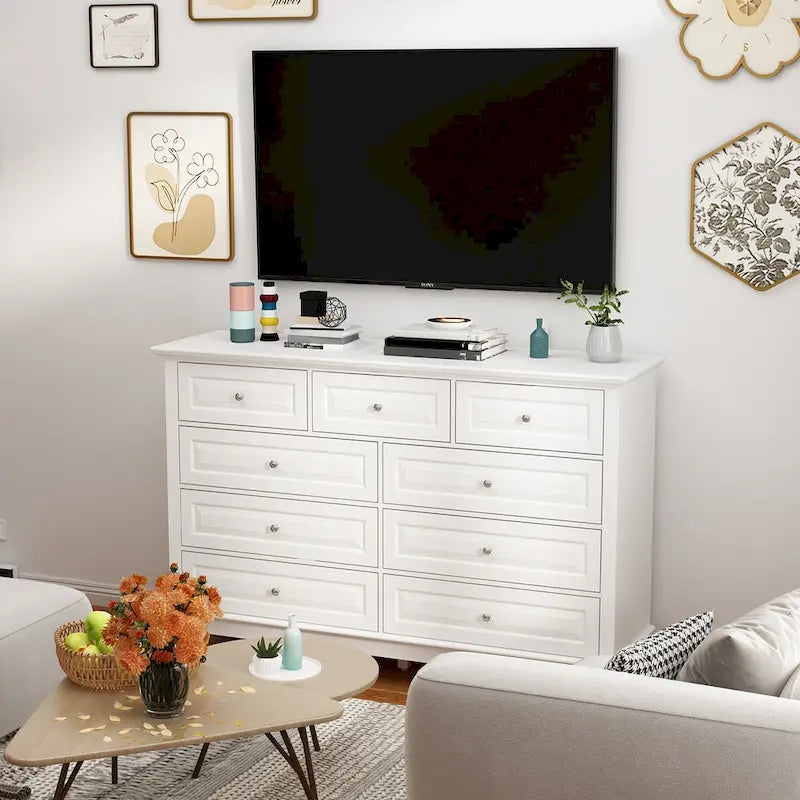 Commode 9 tiroirs noire/blanche/marine avec pieds en bois massif et finition laquée