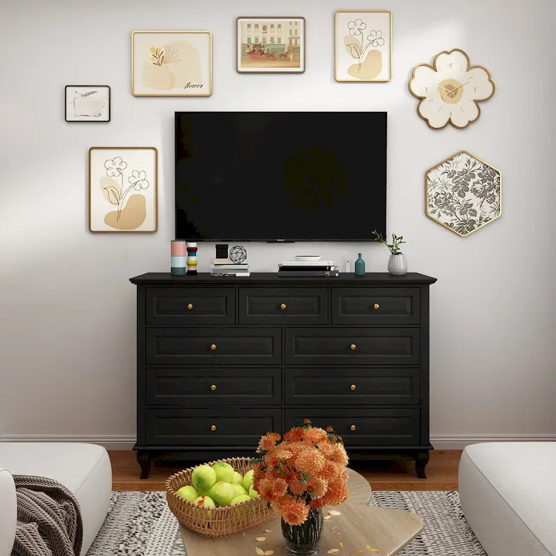 Commode 9 tiroirs noire/blanche/marine avec pieds en bois massif et finition laquée