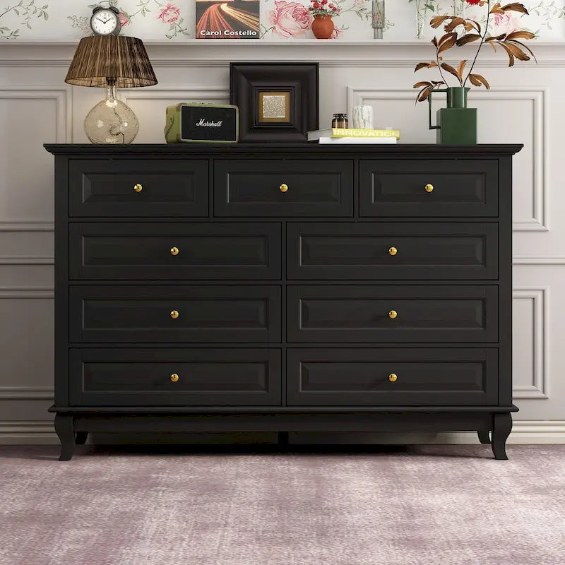 Commode 9 tiroirs noire/blanche/marine avec pieds en bois massif et finition laquée