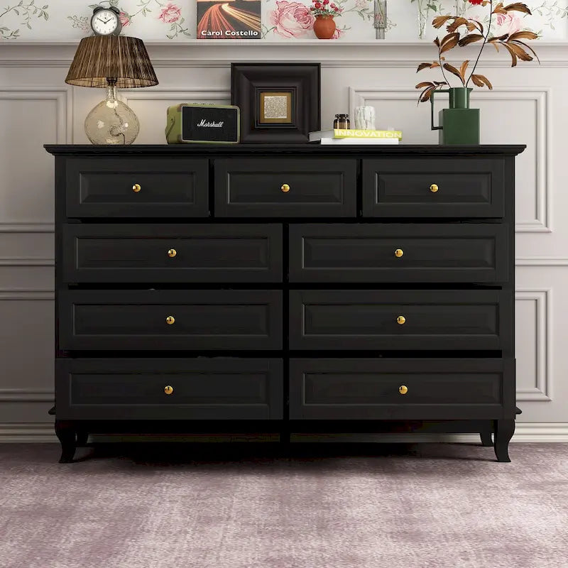 Commode 9 tiroirs noire/blanche/marine avec pieds en bois massif et finition laquée