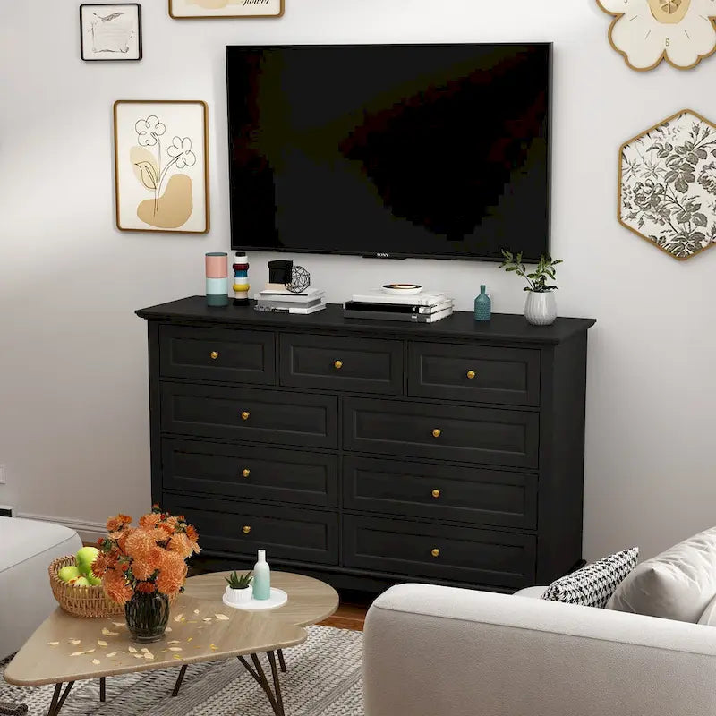 Commode 9 tiroirs noire/blanche/marine avec pieds en bois massif et finition laquée