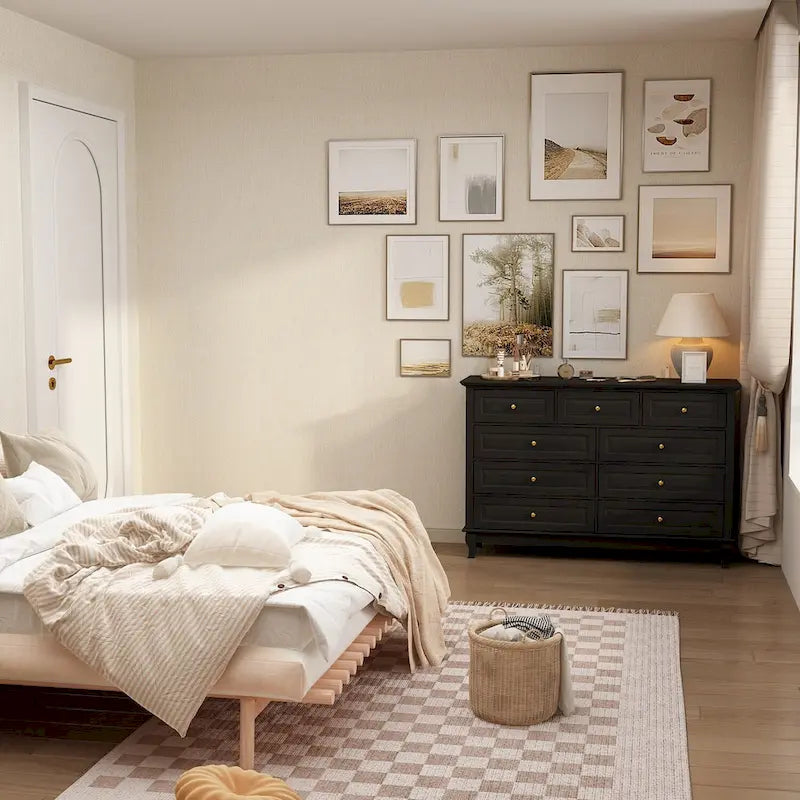 Commode 9 tiroirs noire/blanche/marine avec pieds en bois massif et finition laquée