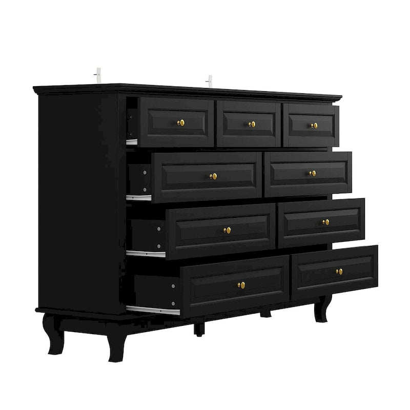 Commode 9 tiroirs noire/blanche/marine avec pieds en bois massif et finition laquée