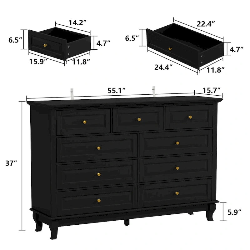 Commode 9 tiroirs noire/blanche/marine avec pieds en bois massif et finition laquée