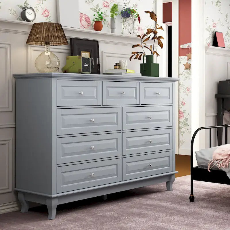 Commode 9 tiroirs noire/blanche/marine avec pieds en bois massif et finition laquée