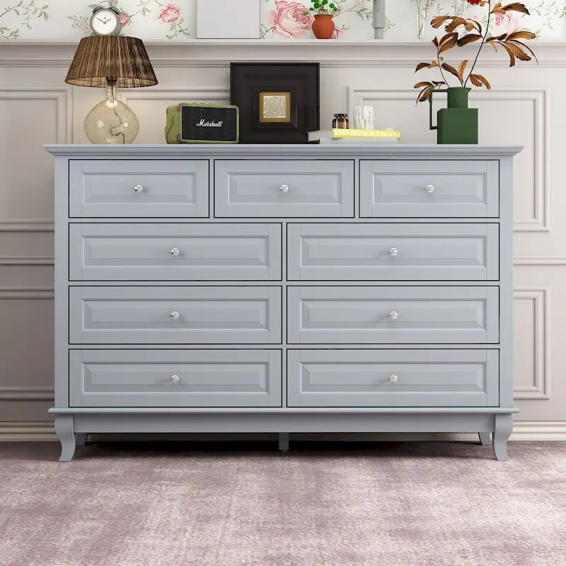 Commode 9 tiroirs noire/blanche/marine avec pieds en bois massif et finition laquée