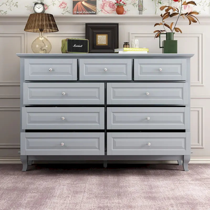 Commode 9 tiroirs noire/blanche/marine avec pieds en bois massif et finition laquée