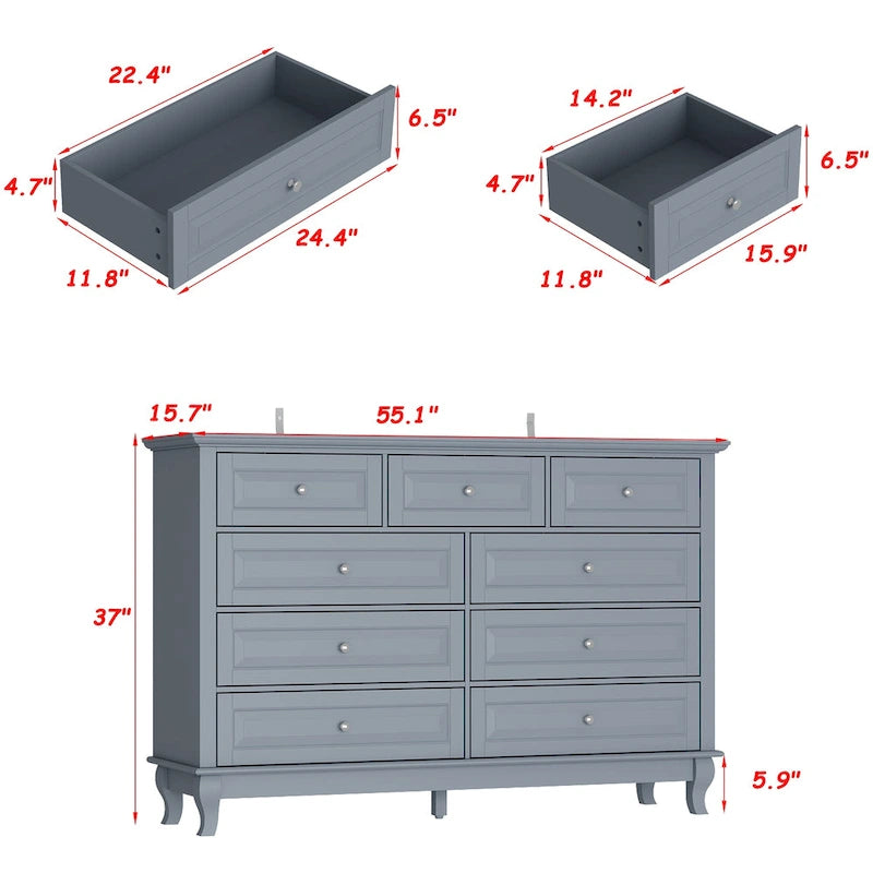 Commode 9 tiroirs noire/blanche/marine avec pieds en bois massif et finition laquée