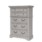 Commode rustique à 5 tiroirs en brun vieilli / gris antique / blanc antique vieilli avec poignées en métal martelé et assemblage à queue d'aronde anglaise