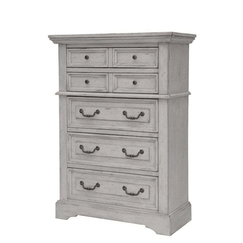 Commode rustique à 5 tiroirs en brun vieilli / gris antique / blanc antique vieilli avec poignées en métal martelé et assemblage à queue d'aronde anglaise