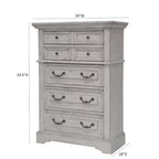 Commode rustique à 5 tiroirs en brun vieilli / gris antique / blanc antique vieilli avec poignées en métal martelé et assemblage à queue d'aronde anglaise
