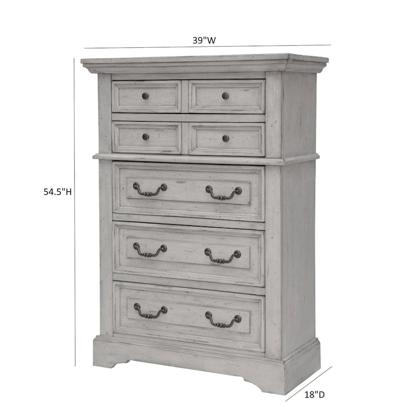 Commode rustique à 5 tiroirs en brun vieilli / gris antique / blanc antique vieilli avec poignées en métal martelé et assemblage à queue d'aronde anglaise