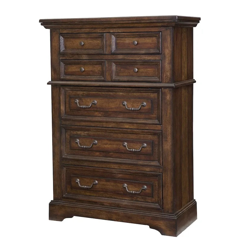 Commode rustique à 5 tiroirs en brun vieilli / gris antique / blanc antique vieilli avec poignées en métal martelé et assemblage à queue d'aronde anglaise